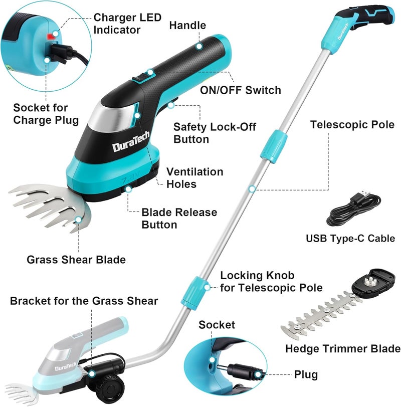 DURATECH Cordless Hedge Trimmer, 7.2V 3-in-1 Handheld Electric Grass Trimmer & Hedge Shears with 50" Wheeled Extension Pole, USB Type-C Cable and Built-in Li-ion Battery, for Garden, Yard and Lawn - Image 2